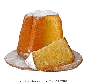 Pandoro, italian christmas cake on a plate with powdered sugar isolated on white, accurate clipping path embedded.

 - Powered by Shutterstock