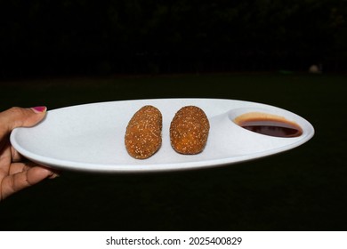 Paneer Cutlet Served With Tomato Ketchup Indian Starter Snacks Dish. Cottage Cheese Cutlets Appetizer