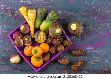 Panel of forgotten vegetables seen from above
