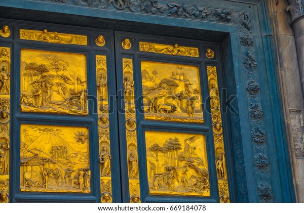 Panel Gates Paradise Florence Baptistery Battistero Stock