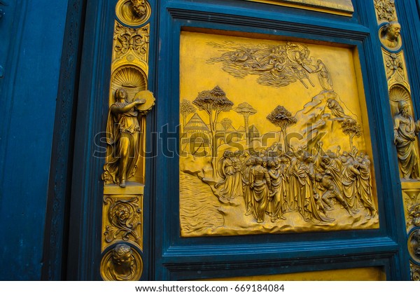 Panel Gates Paradise Florence Baptistery Battistero Stock