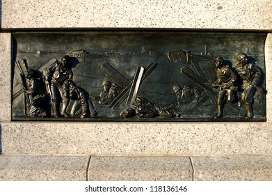 A Panel From The National World War II Memorial In Washington, D.C. Depicting The D-Day Landing On Normandy Beach In France.