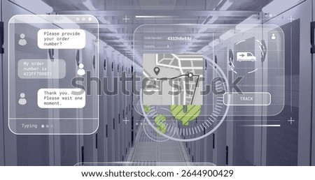 Panel showing map pins in data center corridor, with order card, track button with van icon. Technology, logistics, futuristic, security, infrastructure, digital, monitoring