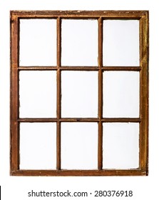 panel of vintage, grunge, sash window with dirty glass (9 panes), isolated on white
