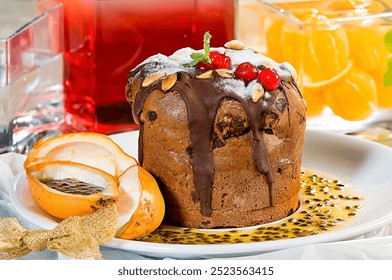 panettone, adorned with powdered sugar, chocolate sauce and topped with red berries, it sits amidst a colorful arrangement of berries, passion fruit juice and an orange ribbon - Powered by Shutterstock