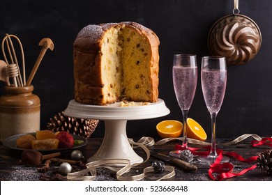 Panettone Italian Christmas Cake With Pink Prosecco.