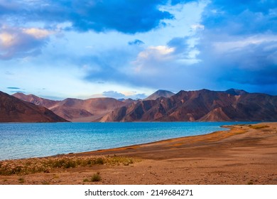 Pangong Tso Or Pangong Lake Is An Endorheic Lake In Himalayas, Extends From Ladakh In India To Tibet In China At Sunset