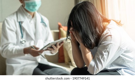 Panic Attack Menopause Woman, Stressful Depressed PTSD Patient With Anxiety Disorder Having Consultation Psychotherapy Treatment Session In Doctor Clinic Or Psychologist Counselor Office 