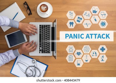 PANIC ATTACK Professional doctor use computer and medical equipment all around, desktop top view, coffee