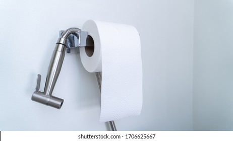 Panic buying people want a tissue roll equal to a bidet shower or rinsing spray in the toilet and one solution of healthy clean habit during Coronavirus or Covid-19 outbreak with copy space.