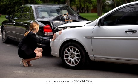 Panicked Female Driver Looking At Hit Cars Street, Psychological Trauma, Stress