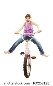 Panicked Little Girl Losing Control Over Her Riding Bike. Isolated On White Background.