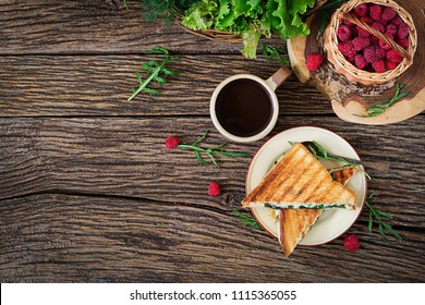 Panini Sandwich With Cheese And Mustard Leaves. Morning Coffee. Village Breakfast. Top View. Flat Lay