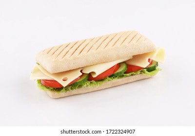 panini sandwich emmental cheese with salad, tomato , lettuce isolated on white background