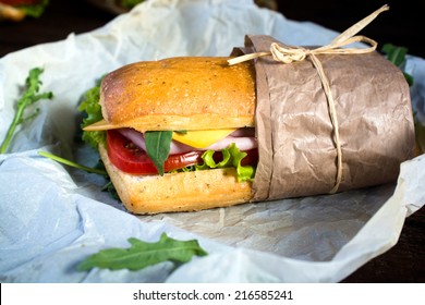 Panini Sandwich Packed In The Paper,selective Focus 