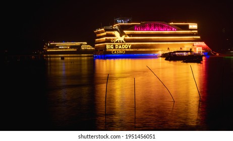 Panjim, Goa, India - 03 January 2021: Beautiful reflection of the Exterior of Luxury Floating Casino cruise ship