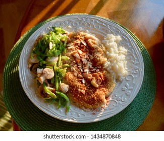 Panko Flounder On Rice Bed With Steamed Broccoli
