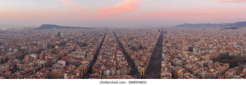 Pano Aerial Drone Shot Of Barcelona City Center Before Sunrise In Winter