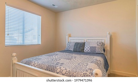 Pano Bedroom Interior With Double Bed Window And Flush Mount Dome Ceiling Light. The Room Also Features Plain White Wall And Beige Carpet On The Floor.