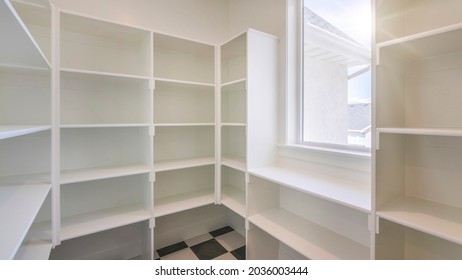 Pano Interior Of An Empty Kitchen Pantry In A House With Window