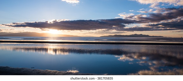 Pano View Of The Sun Setting Over The Great Salt Lake