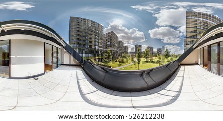 panorama 360 view from balcony on the luxury elite residential complex in sunny day. Full 360 degree angle seamless panorama in equirectangular spherical projection, Skybox for VR AR 3d content. 