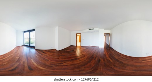 Panorama 360 view in modern white empty loft apartment interior of living room hall, full  seamless 360 degrees angle view panorama in equirectangular spherical equidistant projection. VR AR content