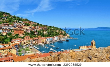panorama from above of Porto Santo Stefano on the coast of Monte Argentario in Tuscany, Italy