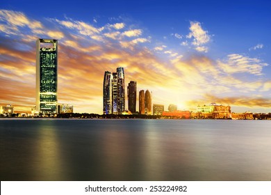 Panorama of Abu Dhabi at night, capital of United Arab Emirates 