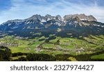 Panorama aerial image of valleys and the famous Wilder Kaiser mountain range, Kitzbuehel, Tyrol, Austria