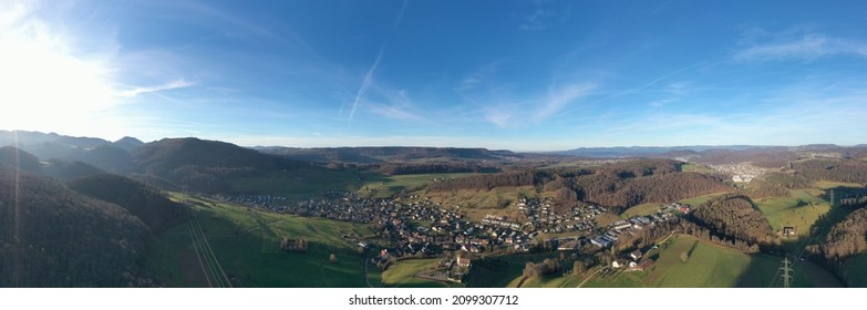 Panorama aerial landscape droneview of Jura Hills at Ziefen. CH Switzerland, 1 Jan.2022