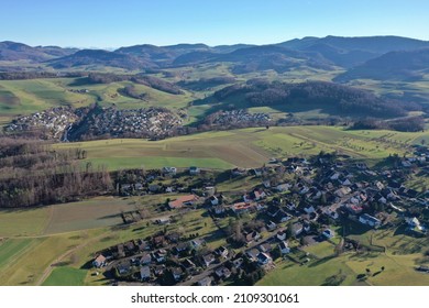 Panorama aerial landscape droneview of Jura Hills at Lampenberg. CH Switzerland, 21th Dec. 2021