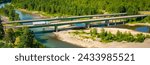 A panorama Aerial photo of the Highway I-84 bridge over the Sandy river just east of Portland, Oregon