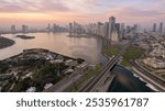 Panorama aerial shot for Sharjah lake with skyline 