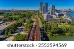 Panorama Aerial view above Rhodes with views to Meadowbank and Olympic park and Wentworth Point and Concord West with Parramatta River in Sydney NSW Australia