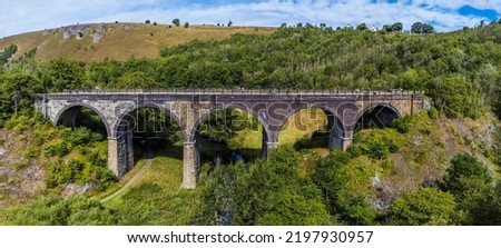 An panorama aerial view across the viaduct on the Monsal Trail in Derbyshire, UK in summertime
