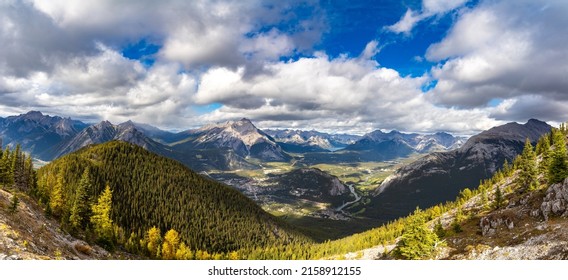 Panorama Of Aerial View Of Banff City In Bow Valley In Banff National Park, Canadian Rockies