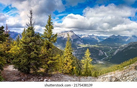 Panorama Of Aerial View Of Banff City In Bow Valley In Banff National Park, Canadian Rockies