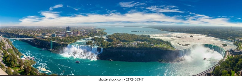 Panorama of  aerial view of Canadian side view of Niagara Falls, American Falls and Horseshoe Falls in Niagara Falls, Ontario, Canada - Shutterstock ID 2172405347
