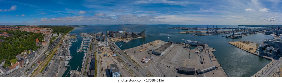 Panorama Aerial View Of City And Port Of Aarhus, Denmark