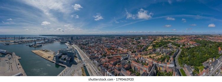 Panorama Aerial View Of City And Port Of Aarhus, Denmark