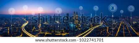 Panorama aerial view in the  cityscape skyline  with smart services and icons, internet of things, networks and augmented reality concept , early morning sunrise scene .