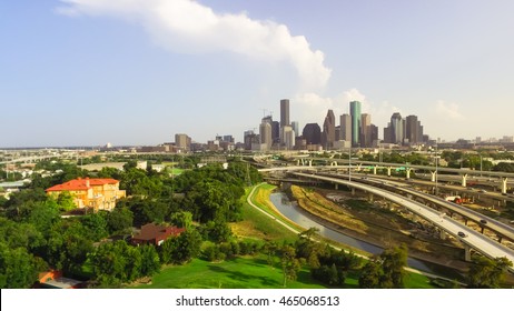 Panorama Aerial View Downtown And Interstate I45 Highway With Massive Intersection, Stack Interchange, Road Junction And Elevated Road Construction At Sunset From Northwest Side Of Houston, Texas, USA