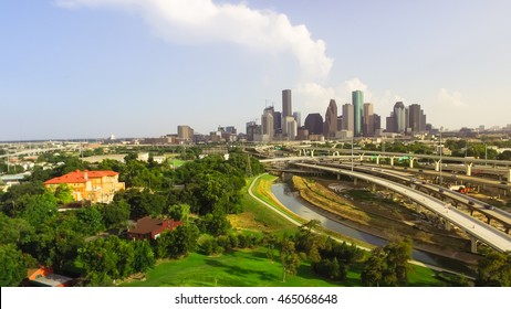 Panorama Aerial View Downtown And Interstate I45 Highway With Massive Intersection, Stack Interchange, Road Junction And Elevated Road Construction At Sunset From Northwest Side Of Houston, Texas, USA