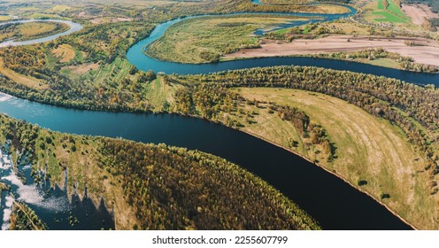 Panorama Aerial View Green Forest Woods And River Landscape In Sunny Spring Summer Day. Top View Of Nature, Bird's Eye View. Trees Standing In Water During Spring Flood floodwaters. woods in Water - Shutterstock ID 2255607799