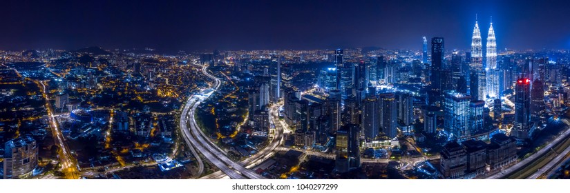 Panorama Aerial View Of Kuala Lumpur City Center At Night Dusk. 