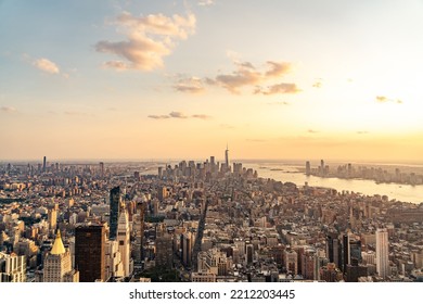 Panorama Aerial View Of New York Skyscrapers On Manhattan Island