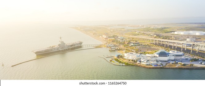 Panorama Aerial View North Beach In Corpus Christi, Texas, USA With Aircraft Carrier Ship