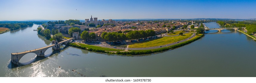 Panorama Aerial View Of Rhone River And Pont Saint-Bénézet Bridge 