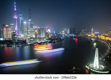 Panorama Aerial View Of Shanghai City Scape At Night Time.